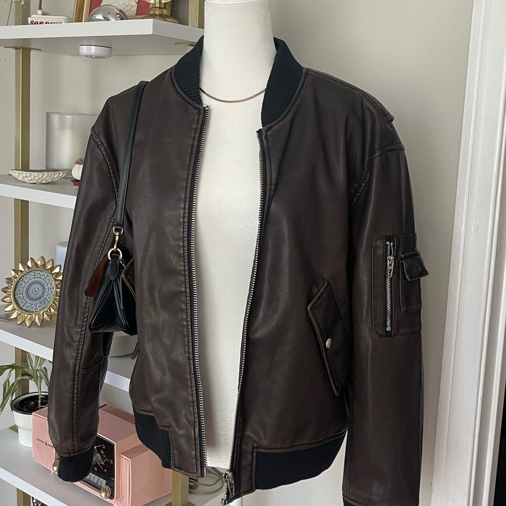 BlankNYC Brown Leather Bomber Jacket Size L
